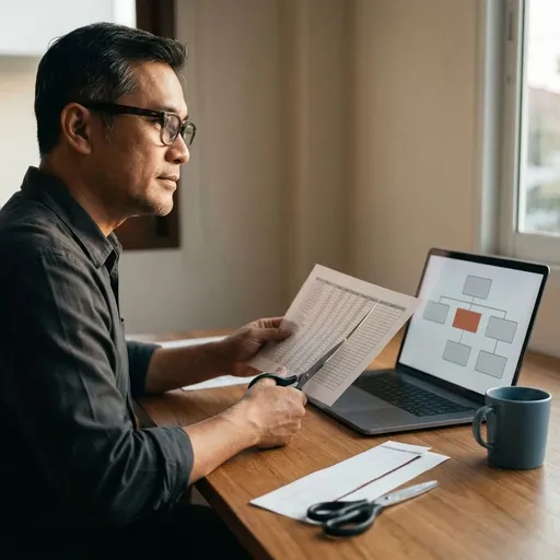 Pria membandingkan printout sheet yang satu kolomnya digunting dengan alur kotak di laptop, satu kotak merah bata