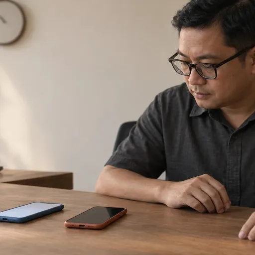 Pria menatap dua ponsel di meja kerja, satu layar menyala dan satu gelap, jam dinding tanpa angka di belakangnya